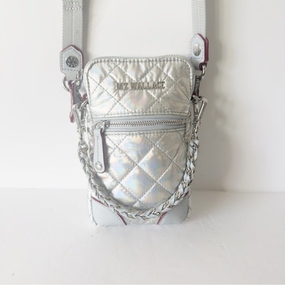 MZ Wallace MICRO CROSBY Iridescent Silver Quilted Crossbody Phone Bag - Picture 3 of 10